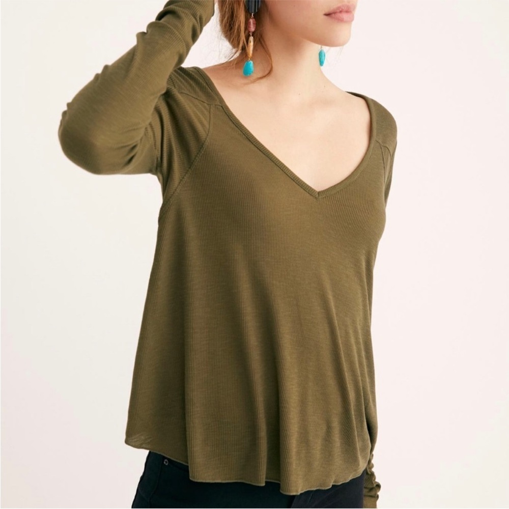 Free People Rock The Boat Thermal Top Green Ribbed Long Sleeve Small